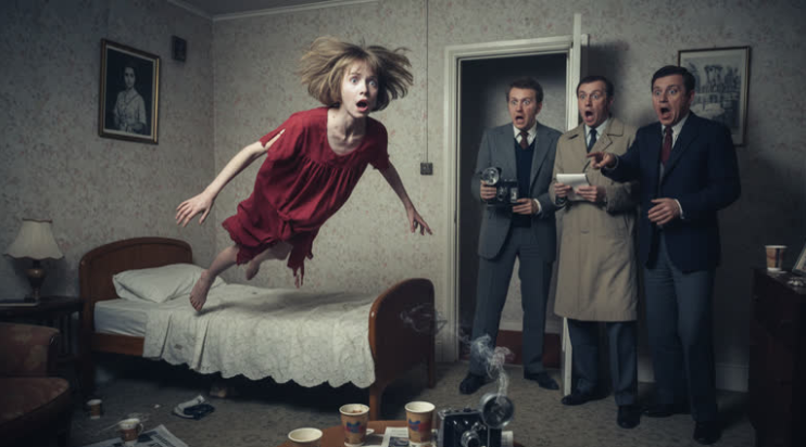 Illustration of the Janet Hodgson levitating during the Enfield Poltergeist investigation in North London, 1977