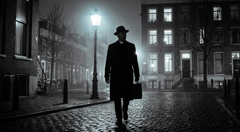 Priest silhouette outside horror movie house inspired by The Exorcist